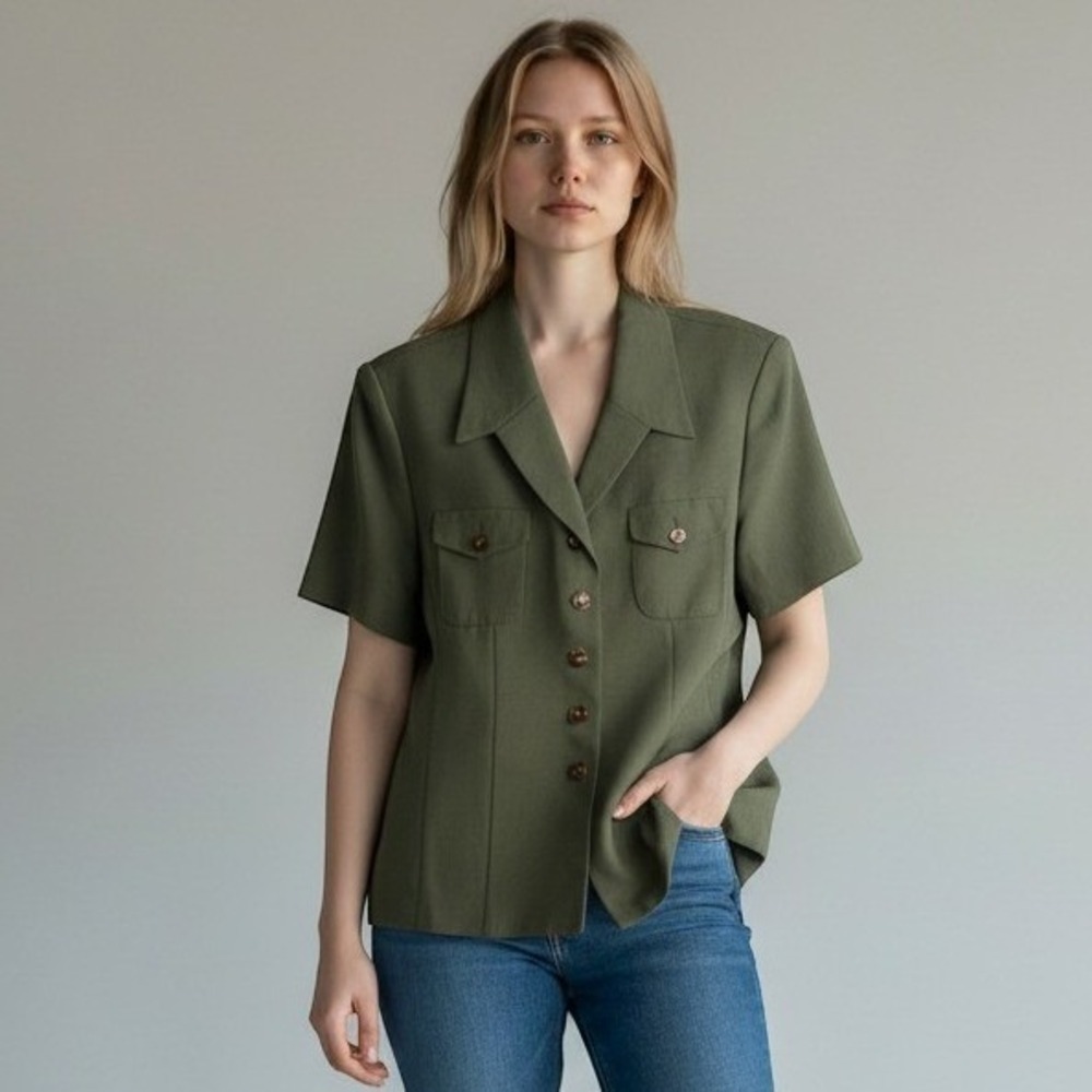 Kasper A.S.L. Short Sleeve Blazer Women 18 Olive Green Button Front Professional